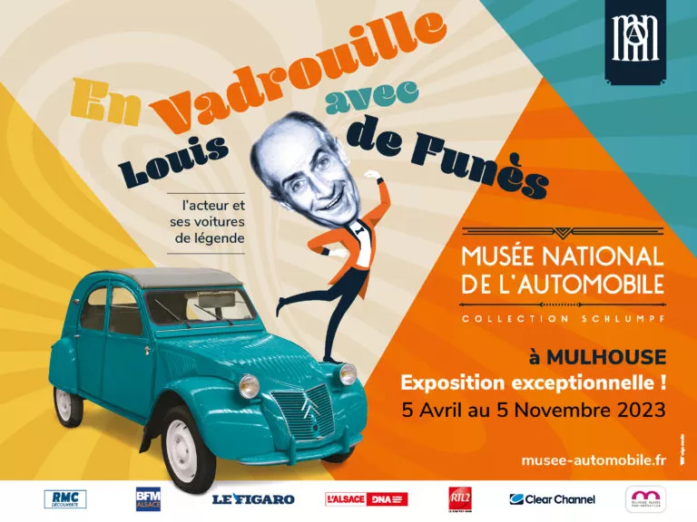 Flyer exposition Musée de l'Automobile Mulhouse En vadrouille avec Louis de Funès